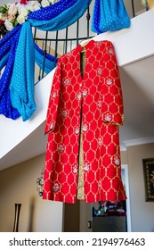 Indian Punjabi Sikh Groom's Red Wedding Outfit Fabric, Textile And Pattern