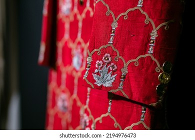 Indian Punjabi Sikh Groom's Red Wedding Outfit Fabric, Textile And Pattern