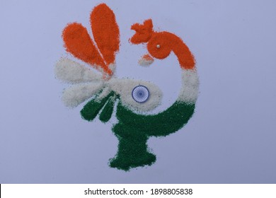 Indian Republic Day Rangoli. Tricolor Rangoli Of Peacock Design To Depict India Flag On Republic Day 