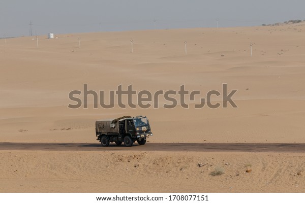 Indian Road Highways,\
Indian military truck running on desert highway in Jaisalmer,\
Rajasthan, November 2018