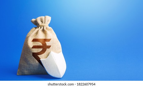 Indian rupee money bag and protection shield. Guaranteed deposits compensation. Ease doing business. Strength of financial system. Sustainable banks. Fixed interest deposit. Investment safety. - Shutterstock ID 1822607954