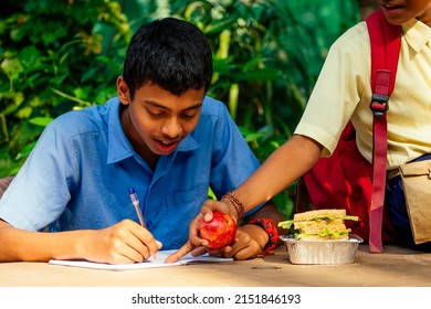 Indian School Boy Writing On Notepad Doing Homework , Looking Concentration . His Friend With Backpack Sits On Table And Eating An Apple In Park