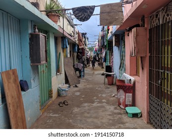 Indian Slum Streets With So Much Of Hangings On The Way,a Single Point Perspective Shot