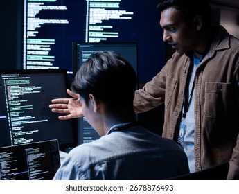 Indian Software Developer Manager Leader presenting Coding Software development application Project, Briefing solution to Programmer Team in Co working Office Space. Tech and artificial intelligence.