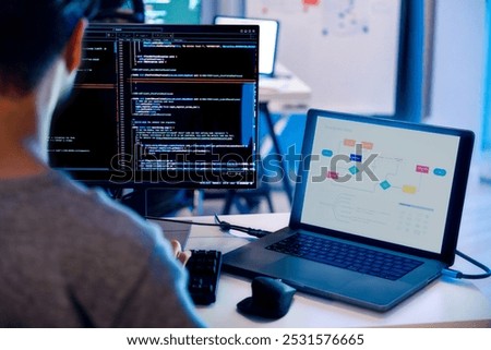 Indian software development working on coding  computer screen and flowchart at night in modern office