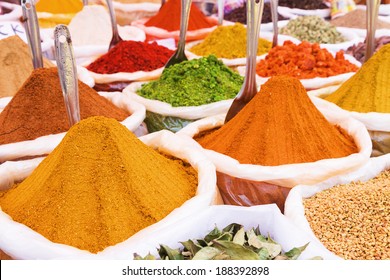 Indian Spices In Bags At Traditional Street Market