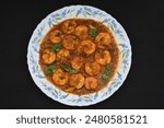 indian spicy prawn gravy masala stir fry chettinad cooking ready to serve plate background sea food shrimp 