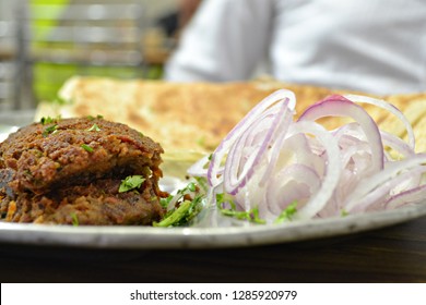 Indian Street Food. Close-up Of Paratha And Kebab In Lucknow India 