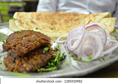 Indian Street Food. Close-up Of Paratha And Kebab In Lucknow India 