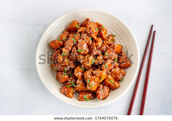 Indian Style Chili\
Chicken Garnished with Garlic Chives, Popular Indian Chicken\
Appetizer Top Down Photo