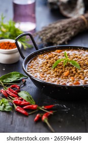 Indian style lentil soup with red hot chili pepper