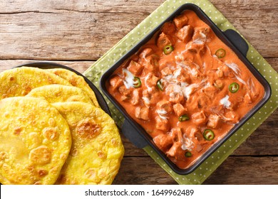 Indian Style Tofu Butter Masala Panner Vegetarian Dish Closeup In A Pan On The Table. Horizontal Top View From Above
