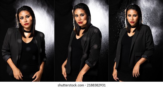 Indian Tanned Skin Asian Woman Show Face Make Up With Backlit Light And Water Splash Spray. Shadow Silhouette Female Head Express Feeling Dramatic Over Beautiful Elegance Dark Black Background Collage