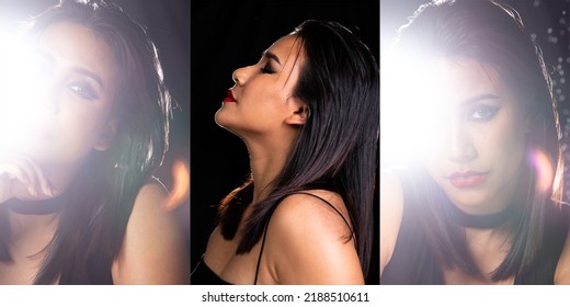 Indian Tanned Skin Asian Woman Show Face Make Up With Backlit Light And Water Splash Spray. Shadow Silhouette Female Head Express Feeling Dramatic Over Beautiful Elegance Dark Black Background Collage