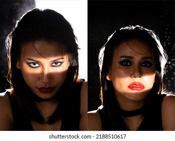 Indian Tanned Skin Asian Woman Show Face Make Up With Backlit Light And Water Splash Spray. Shadow Silhouette Female Head Express Feeling Dramatic Over Beautiful Elegance Dark Black Background Collage