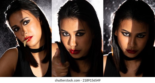 Indian Tanned Skin Asian Woman Show Face Make Up With Backlit Light And Water Splash Spray. Shadow Silhouette Female Head Express Feeling Dramatic Over Beautiful Elegance Dark Black Background Collage