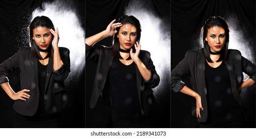 Indian Tanned Skin Asian Woman Show Face Make Up With Backlit Light And Water Splash Spray. Shadow Silhouette Female Head Express Feeling Dramatic Over Beautiful Elegance Dark Black Background Collage