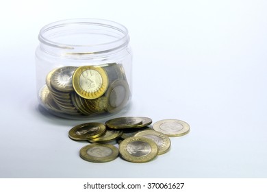 Indian Ten Rupee Coins, Plastic Jar