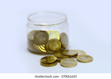 Indian Ten Rupee Coins, Plastic Jar