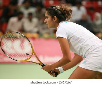 Indian Tennis Star Sania Mirza Playing In The First Round Of The Qatar Open ATP Tournament, February 26, 2007.