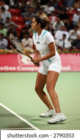 Indian Tennis Star Sania Mirza Playing In The First Round Of The Qatar Open ATP Tournament, February 26, 2007.