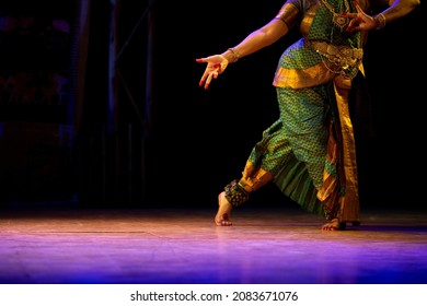 Indian Traditional bharatanatyam dance.Bare feet of indian female dancer on the stage