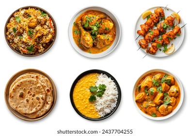 Indian traditional food set, on white background. Various Desi Indian and Pakistani cuisines food collection. parathas, biryani, kofta, korma, chicken curry, samosa, chole bhature. Top view.