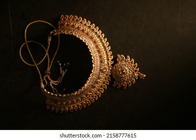 Indian Traditional Jewellery. Top view of Necklace on black background. selective focus - Shutterstock ID 2158777615