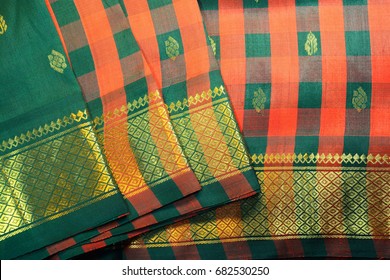 Indian Traditional Silk Sari With Orange And Green Checked Design.