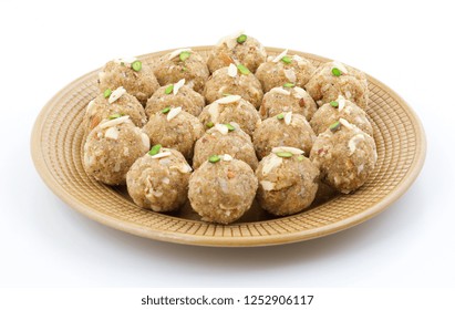 Indian Traditional Sweet Food Urad Dal Laddu Also Know As Laddoo, Ladoo, Laddo Are Ball-Shaped Sweets Made Of Butter, Dry Fruits, Fenugreek And Other Spices. Urad Dal Laddu Sweet Mostly Eat In Winter