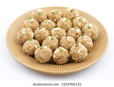 Indian Traditional Sweet Food Urad Dal Laddu Also Know As Laddoo, Ladoo, Laddo Are Ball-Shaped Sweets Made Of Butter, Dry Fruits, Fenugreek And Other Spices. Urad Dal Laddu Sweet Mostly Eat In Winter