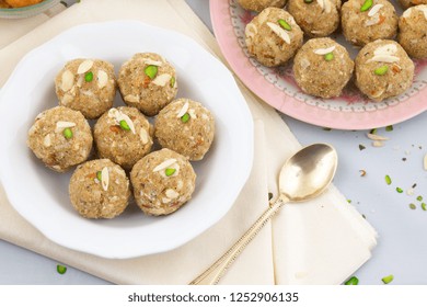 Indian Traditional Sweet Food Urad Dal Laddu Also Know As Laddoo, Ladoo, Laddo Are Ball-Shaped Sweets Made Of Butter, Dry Fruits, Fenugreek And Other Spices. Urad Dal Laddu Sweet Mostly Eat In Winter