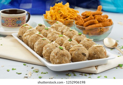 Indian Traditional Sweet Food Urad Dal Laddu Also Know As Laddoo, Ladoo, Laddo Are Ball-Shaped Sweets Made Of Butter, Dry Fruits, Fenugreek And Other Spices. Urad Dal Laddu Sweet Mostly Eat In Winter