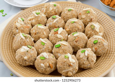 Indian Traditional Sweet Food Urad Dal Laddu Also Know As Laddoo, Ladoo, Laddo Are Ball-Shaped Sweets Made Of Butter, Dry Fruits, Fenugreek And Other Spices. Urad Dal Laddu Sweet Mostly Eat In Winter