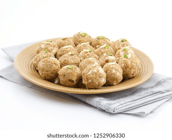 Indian Traditional Sweet Food Urad Dal Laddu Also Know As Laddoo, Ladoo, Laddo Are Ball-Shaped Sweets Made Of Butter, Dry Fruits, Fenugreek And Other Spices. Urad Dal Laddu Sweet Mostly Eat In Winter