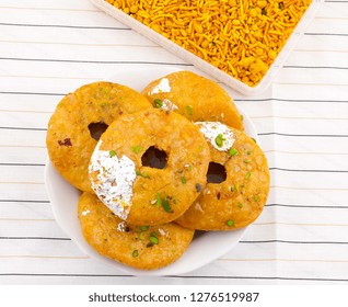 Indian Traditional Sweet Kachori Also Know As Mawa Kachori, Kachauri Or Kachodi, Stuffed Kachori With Condensed Milk, Cheese And Dry Fruits And Served With Sugar Syrup