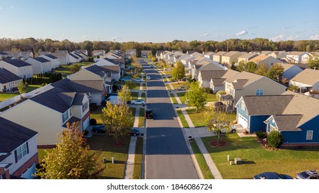 Indian Trail, NC / US - October 29 2020: Aerial shot of single homes development on the suburbs of Charlotte in North Carolina.