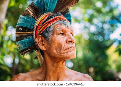 Indian from the Pataxó tribe, with feather headdress. Elderly Brazilian Indian looking to the right. focus on face - Shutterstock ID 1940396410