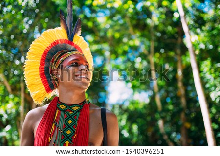 Indian from the Pataxó tribe with feather headdress looking to the right. Indigenous from Brazil with traditional facial paintings.
