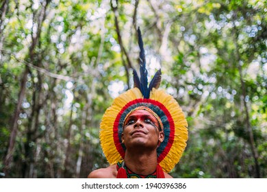 Indian from the Pataxó tribe, with feather headdress. Young Brazilian Indian looking to the left. focus on face - Shutterstock ID 1940396386