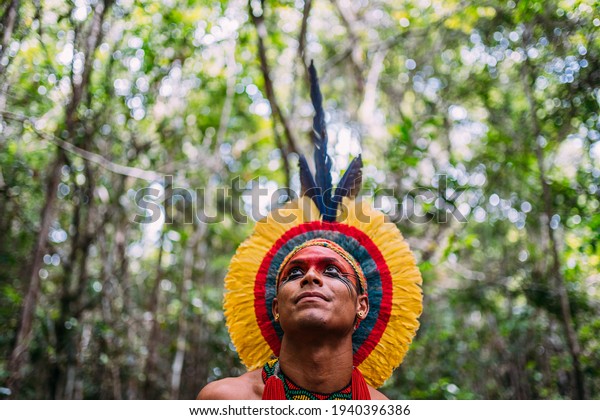 Indian from the\
Pataxó tribe, with feather headdress. Young Brazilian Indian\
looking to the left. focus on\
face