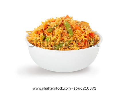 indian vegetable biryani served in white bowl