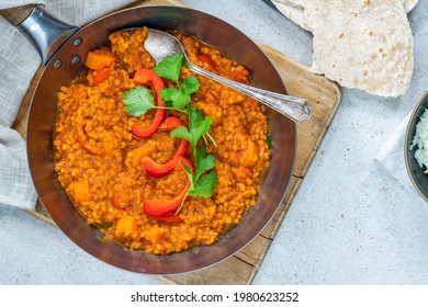 Indian Vegetarian Red Lentil Dhal Curry - Overhead View