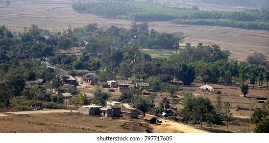 Indian village aerial view from Sarberia hill Purulia West Bengal India with trees house field 