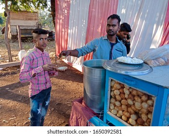 An Indian Village Man Giving Panipuri At Street Shop During Fair Program District Katni Madhya Pradesh In India Shot Captured On February 2, 2020