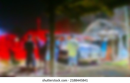 Indian Village At Night With Light Of A Tractor. Blurred Or Defocused Image. Beautiful Vibrant And Vivid Bright Color. Copy Space.