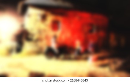 Indian Village At Night With Light Of A Tractor. Blurred Or Defocused Image. Beautiful Vibrant And Vivid Bright Color. Copy Space.