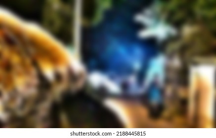 Indian Village Street At Night. Blurred Or Defocused Abstract Image. Beautiful Vibrant And Vivid Bright Color. Copy Space.