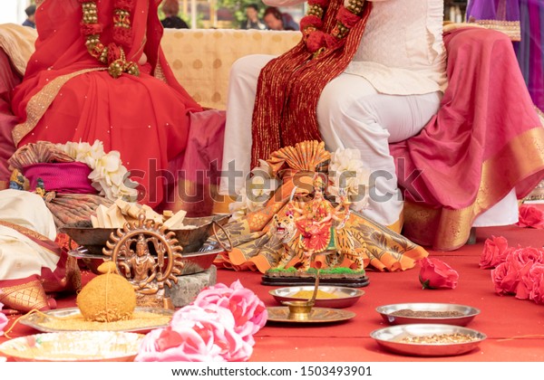 Indian Wedding Ceremony Decorations Traditional Ethnic Stock Photo