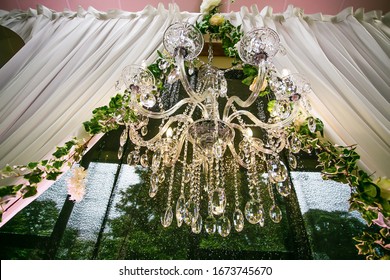 Indian Wedding Reception Beautiful Glass Crystal Chandeliers Decorations Close Up